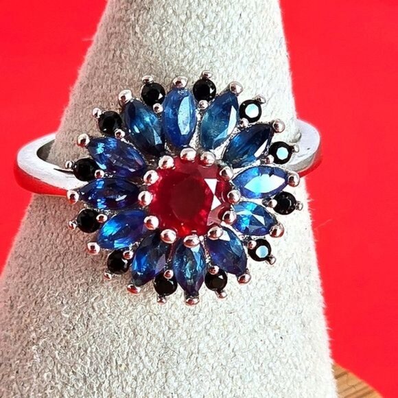 925 Sterling Silver Ring Sz 6.75 with Natural Ruby, Sappphire, Spinel - Picture 3 of 10